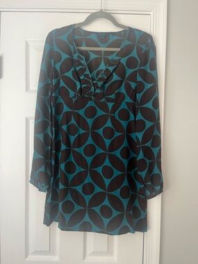 Boden Teal and Black Geometric Ruffle V-Neck Tunic